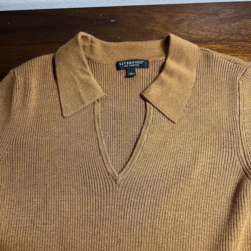 Liverpool Ribbed V-Neck Polo Sweater Large Preppy Euro Autumn Brown Luxe Paris - Picture 6 of 13